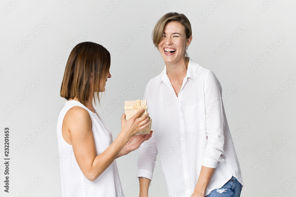 Young woman gives a gift to her friend. Smiling two women scene against white background Young woman gives a gift to her friend. Smiling two women scene against white background