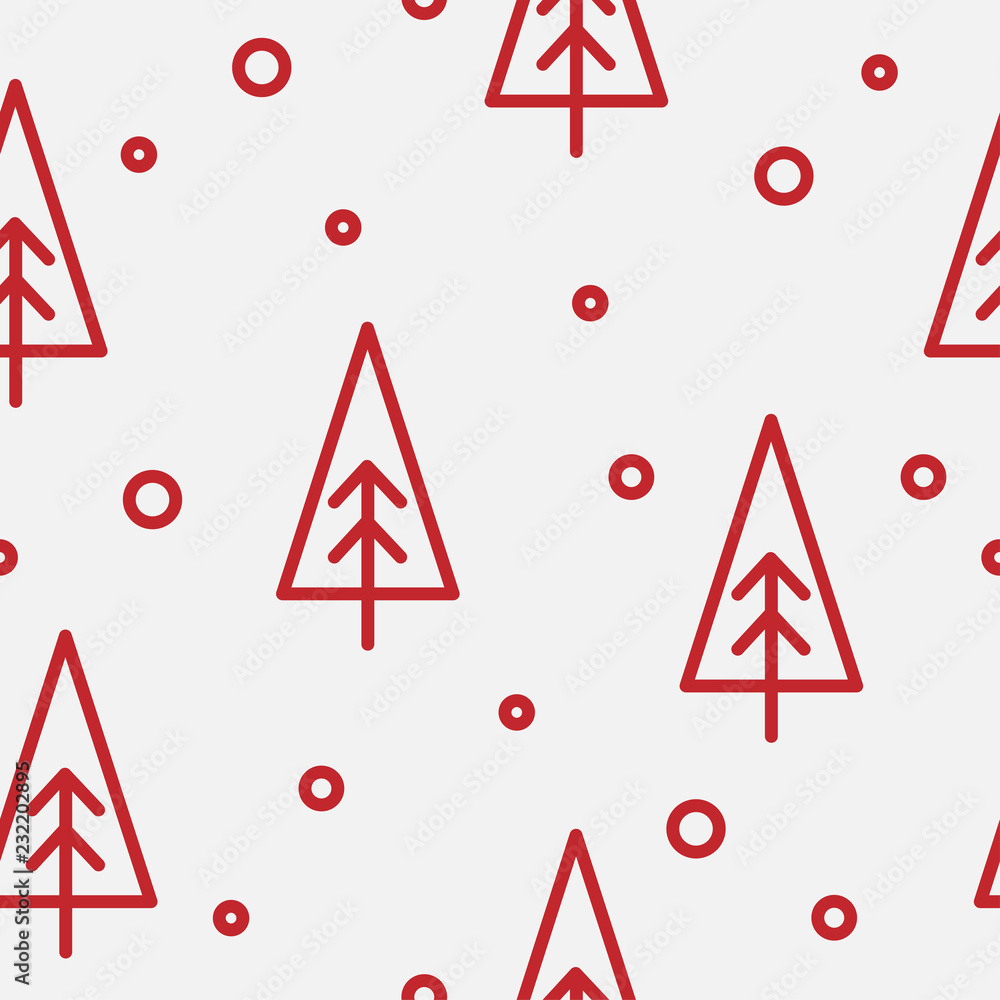Christmas seamless pattern in white and red traditional colors. Simple  clean monoline illustrations. Wrapping paper design or fabric textile  holidays idea. Christmas tree and snow flakes decoration Stock Vector