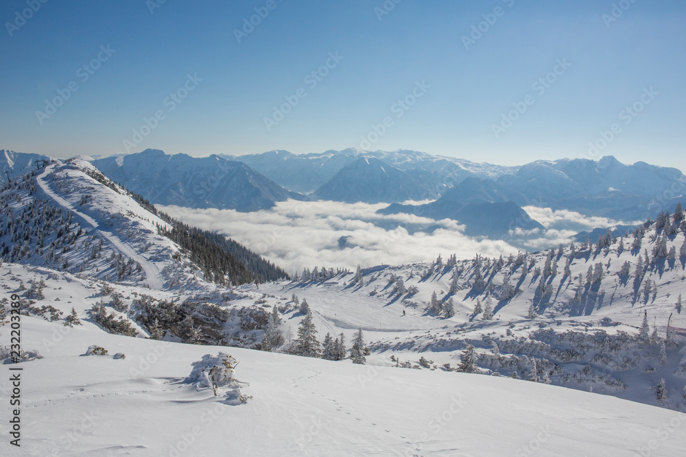 Panoramic view on skiing resort during winter 