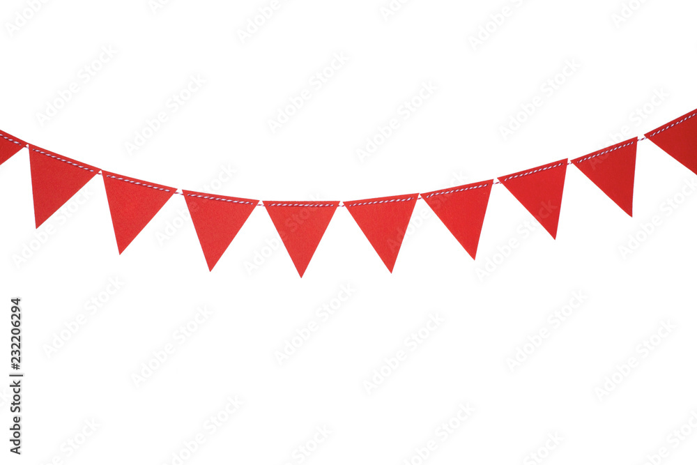 Red triangle flags hanging on white background