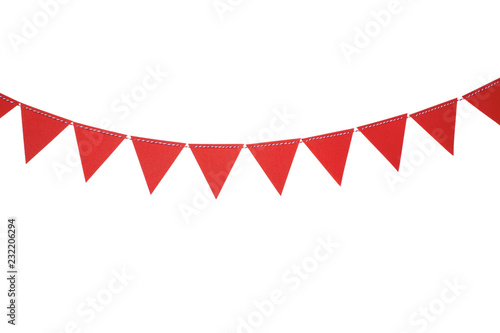Red triangle flags hanging on white background
