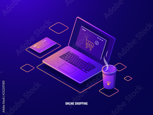 Online shopping isometric icon internet purchase, laptop with shop basket on screen, online payment, credit card dark neon