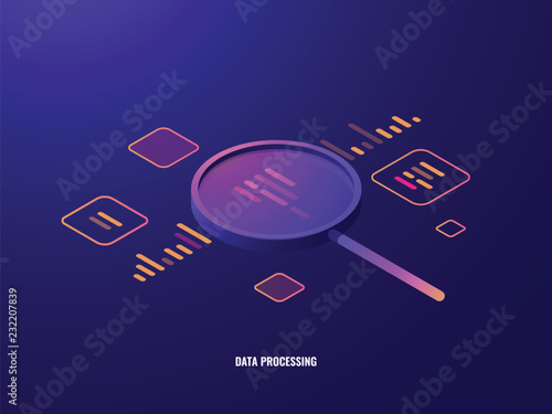Data processing isometric icon, business analytics and statistics, magnifying glass, data visualization, infographic dark neon
