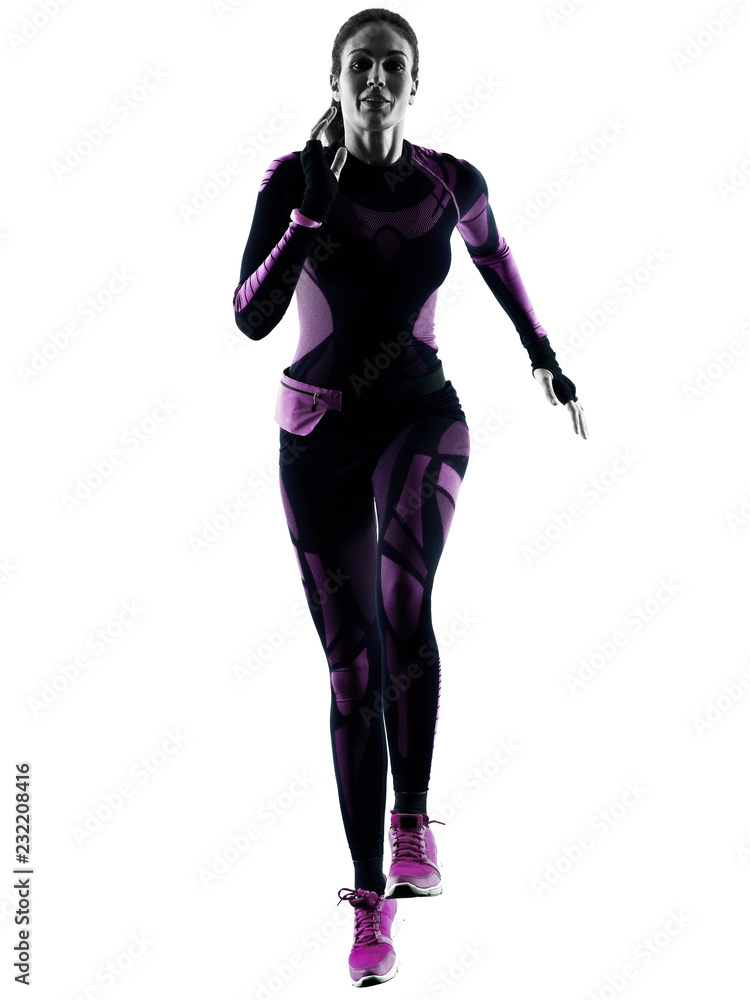 one young caucasian woman runner running jogger jogging isolated silhouette shadow on white background one young caucasian woman runner running jogger jogging isolated silhouette shadow on white background