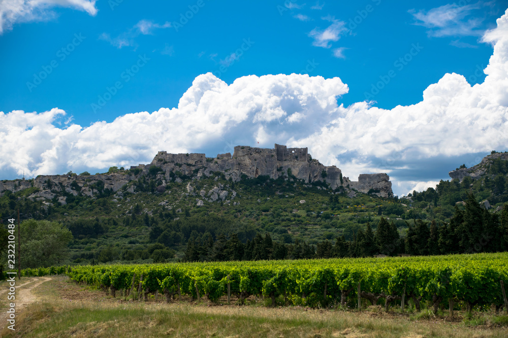 A panorama of the hilltop medieval village of Les-Baux-De-Provence in the Alpilles regional park in Provence, France
