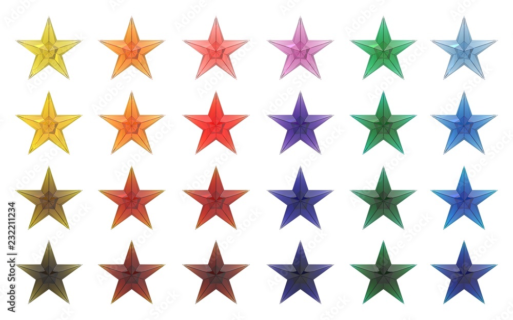 twenty-four colors star icon set 3d rendering on white background twenty-four colors star icon set 3d rendering on white background