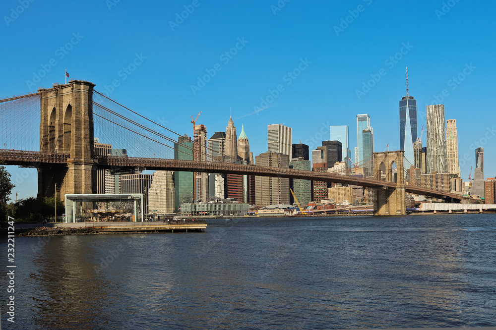 View of Brooklyn Bridge and Lower Manhattan Skyline