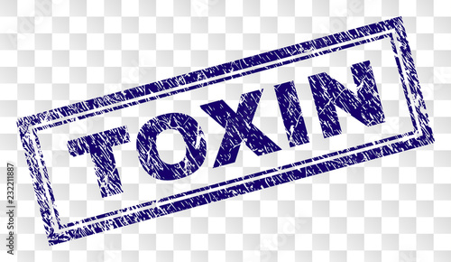 TOXIN stamp seal imprint with rubber print style and double framed rectangle shape. Stamp is placed on a transparent background. Blue vector rubber print of TOXIN tag with retro texture.