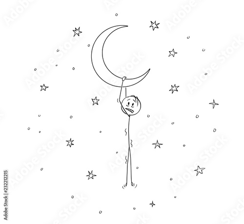 Cartoon stick drawing conceptual illustration of man or dreamer hanging on the crescent or horned moon.