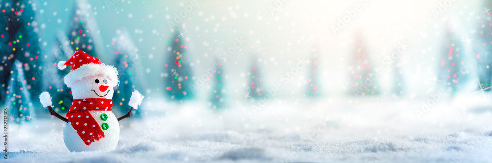 Happy Snowman In Winter Wonderland With Trees And Lights Happy Snowman In Winter Wonderland With Trees And Lights