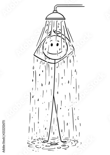 Cartoon stick drawing conceptual illustration of man taking a shower.