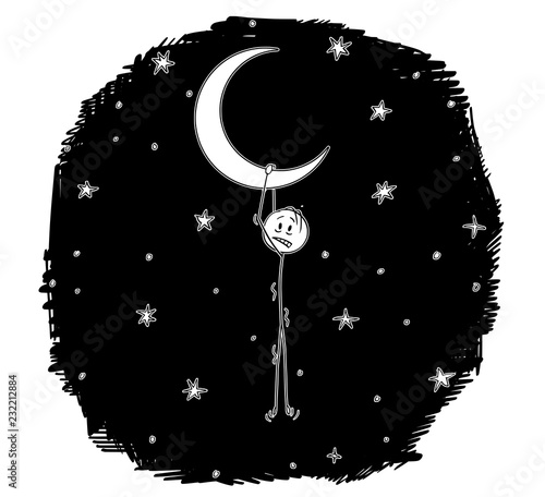 Cartoon stick drawing conceptual illustration of man or dreamer hanging on the crescent or horned moon.