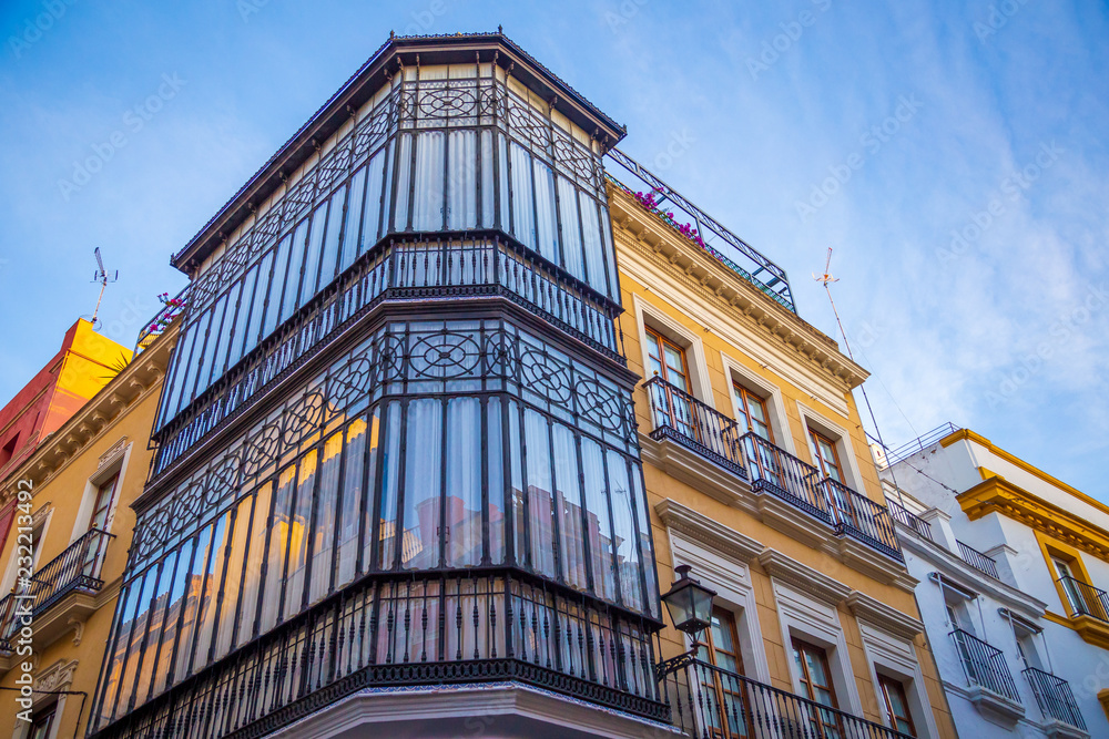 Typical building facades of Seville, Spain