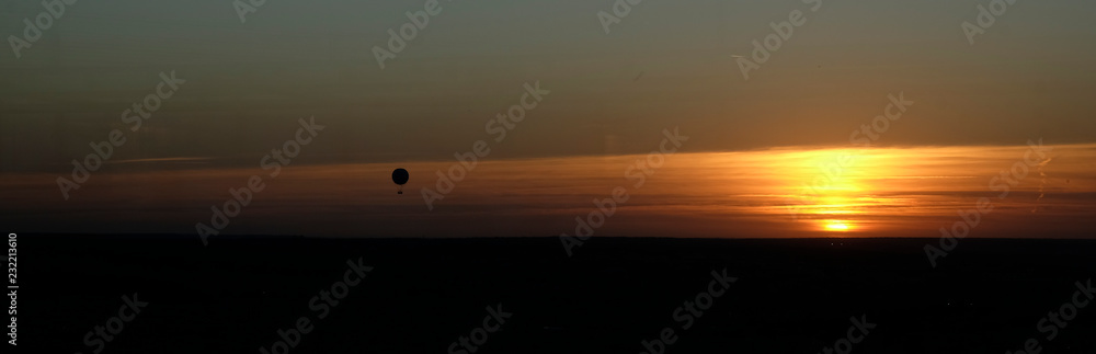 Panorama of Sky with Sunset and Hot Balloon