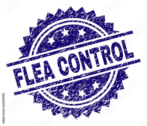 FLEA CONTROL stamp seal watermark with distress style. Blue vector rubber print of FLEA CONTROL label with unclean texture.