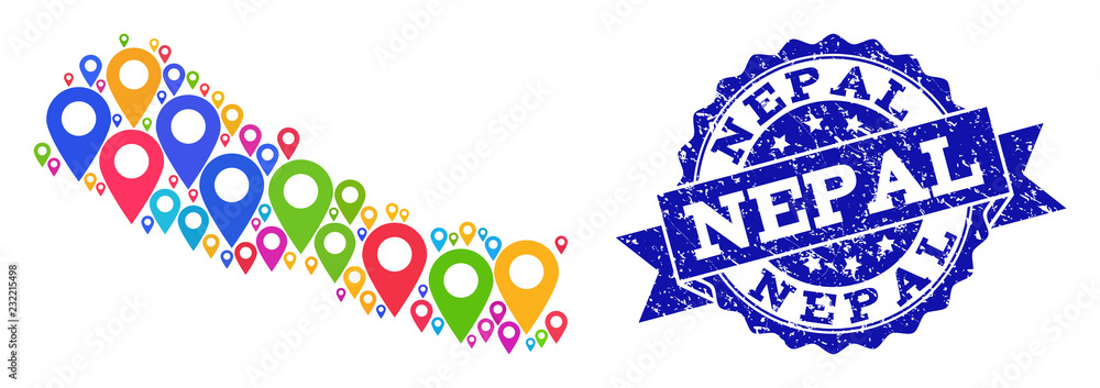 Compositions of colorful map of Nepal and grunge stamp seal. Mosaic
