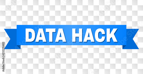 DATA HACK text on a ribbon. Designed with white caption and blue tape. Vector banner with DATA HACK tag on a transparent background.