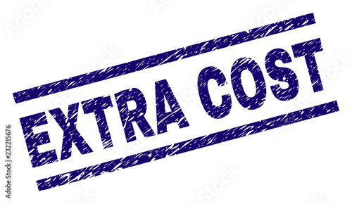 EXTRA COST seal print with grunge style. Blue vector rubber print of EXTRA COST text with grunge texture. Text label is placed between parallel lines.