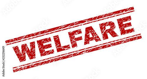 WELFARE seal print with distress texture. Red vector rubber print of WELFARE tag with unclean texture. Text label is placed between double parallel lines.