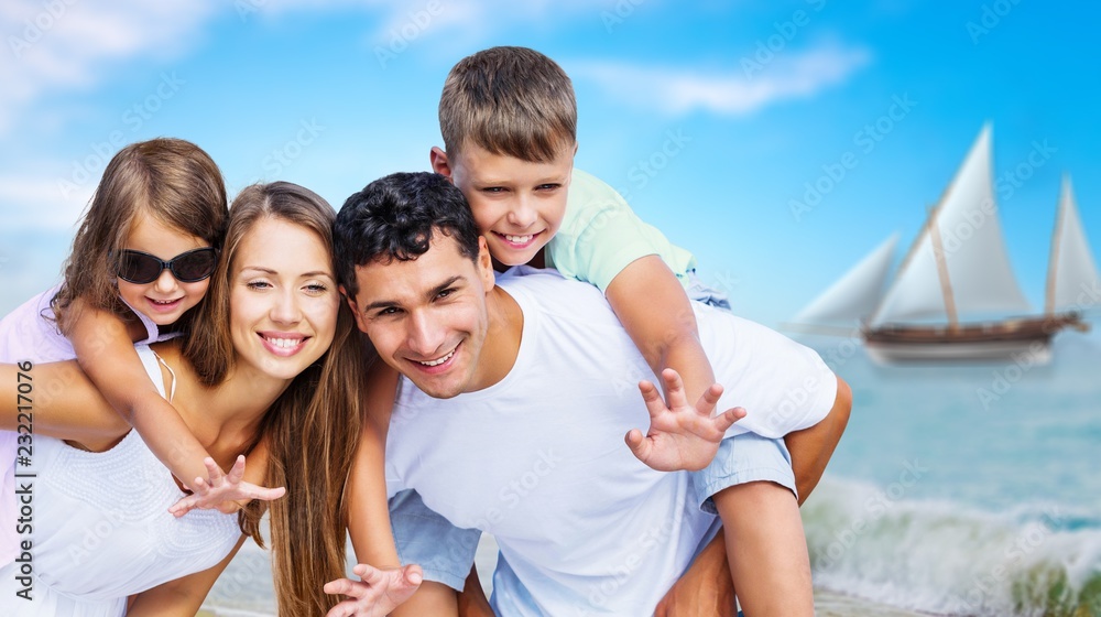 Happy family on vacations walking together Happy family on vacations walking together