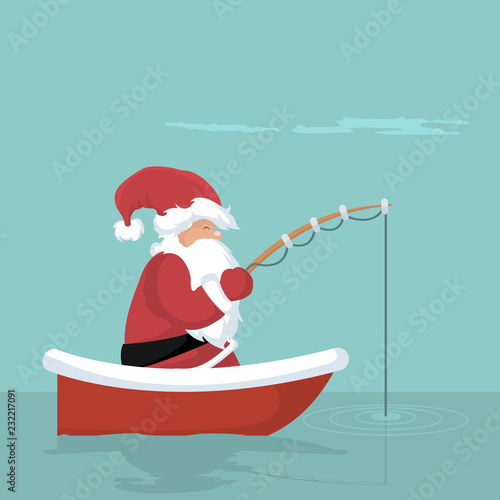 Christmas card of Santa Claus fishing in his boat