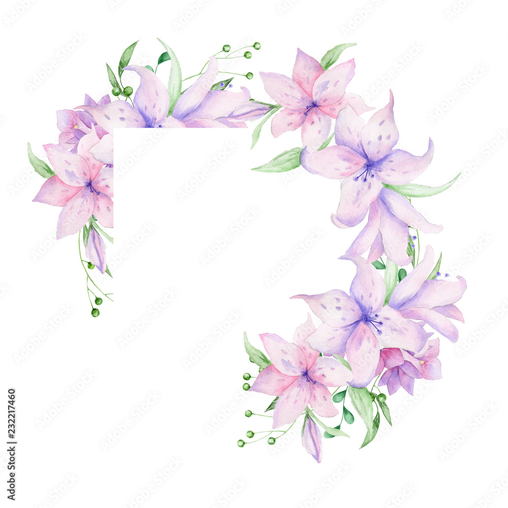 Naklejka premium Floral frame with pink flowers and decorative leaves. Watercolor Invitation design. Background to save the date.Greeting cards with pink flowers.