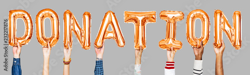 Orange alphabet balloons forming the word donation