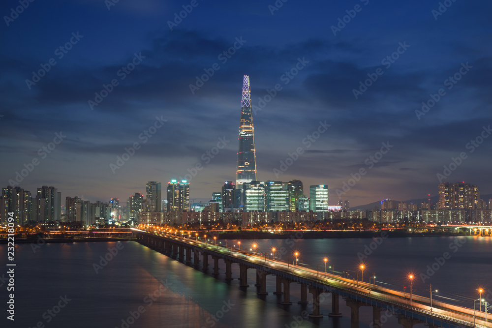 South Korea skyline of Seoul, The best view of South Korea with Lotte world mall at Jamsil.