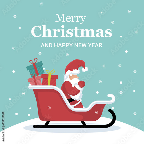 Christmas card of Santa Claus on his sleigh with gifts