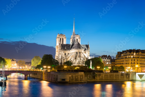 Notre Dame de Paris with cruise ship on Seine river at night in Paris, France
