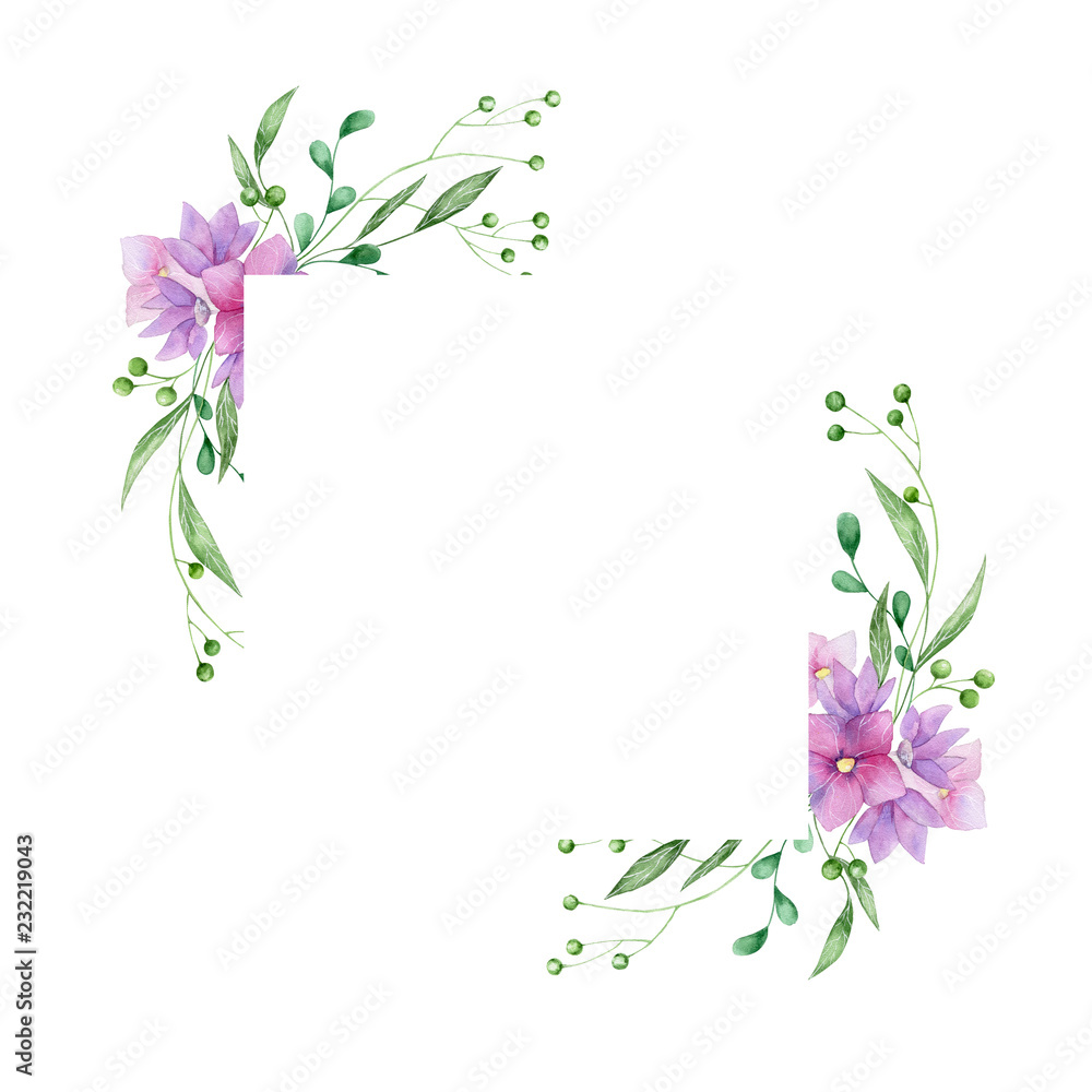 Floral frame with pink roses and decorative leaves. Watercolor Invitation design. Background to save the date.Greeting cards with pink flowers. Floral frame with pink roses and decorative leaves. Watercolor Invitation design. Background to save the date.Greeting cards with pink flowers.