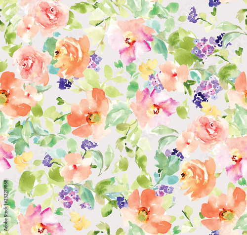 Canvas Print Seamless Floral Pattern. Repeating Watercolor Flower Background