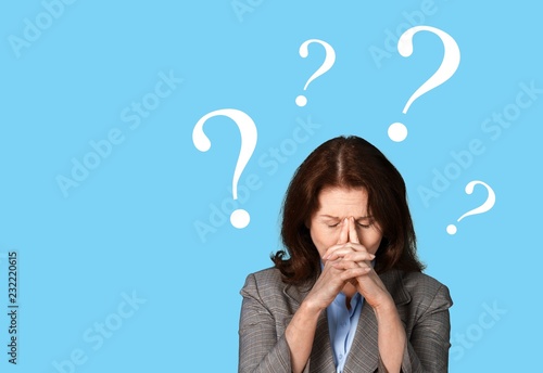 Question woman apron attractive beautiful beauty blue background