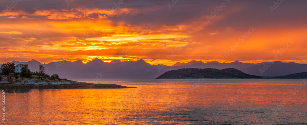 The midnight sun in the Lofoten Islands Norway