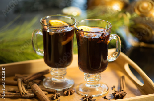 Two mugs of hot mulled red wine