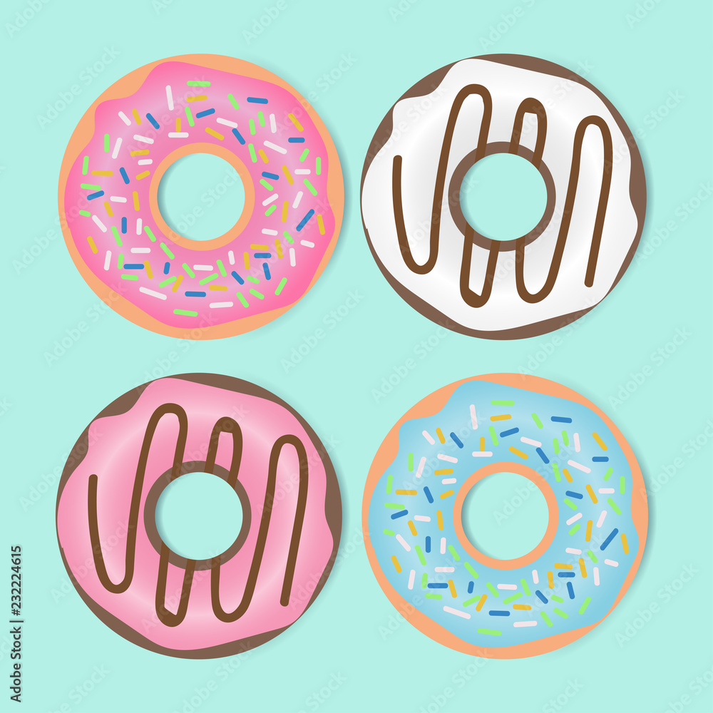 Set of fancy donut on green background. Vector illustration