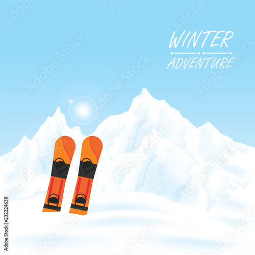 Winter adventure conceptual, snowboard against winter landscape.