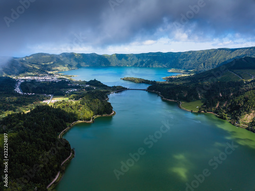 Lagoa Verde and Lagoa Azul, lakes in Sete Cidades volcanic craters on San Miguel island, Azores, Portugal.