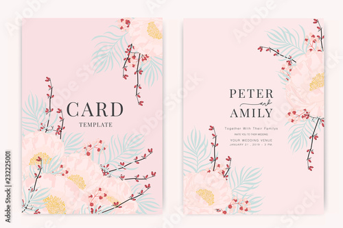 Wedding Invitation, floral invite thank you, rsvp modern card Design in white rose with red berry and leaf greenery  branches decorative Vector elegant rustic template