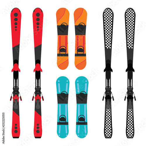 Set of snowboard and skis equipment.