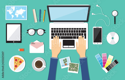 Office Workspace Workplace Table Computer Flat Top View