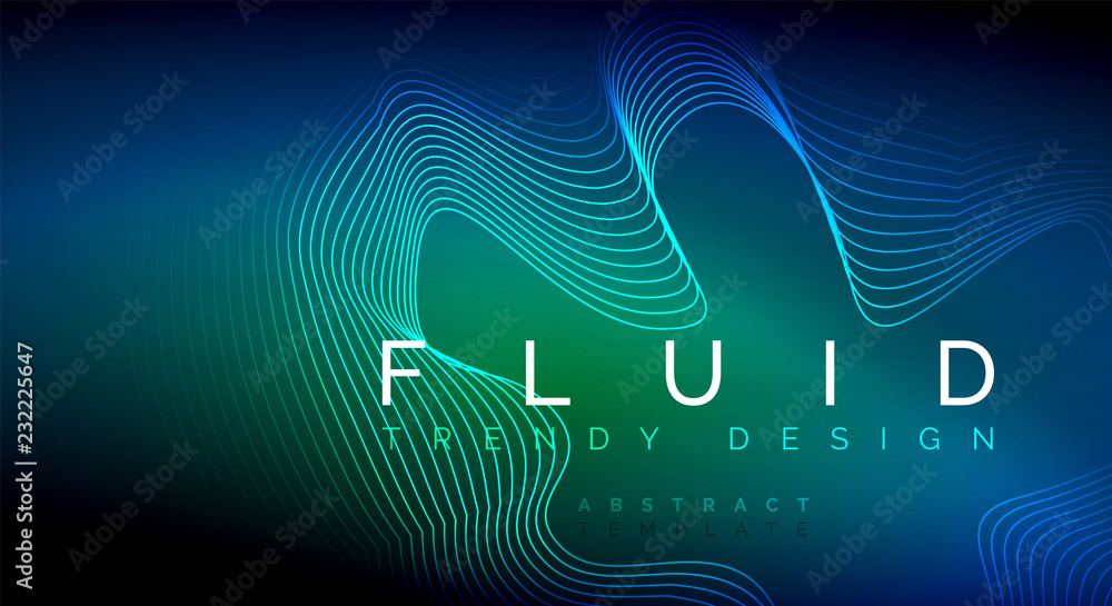 Naklejka premium Blue neon particles glowing fluid wave lines, magic energy space light concept, abstract background wallpaper design