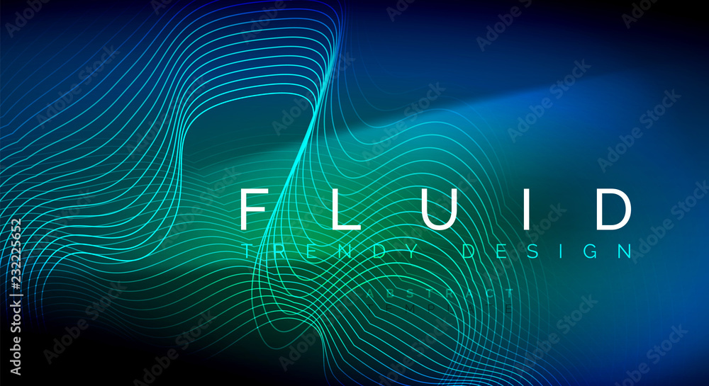 Blue neon particles glowing fluid wave lines, magic energy space light concept, abstract background wallpaper design