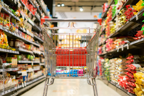 Close up cart in super market department store shopping 