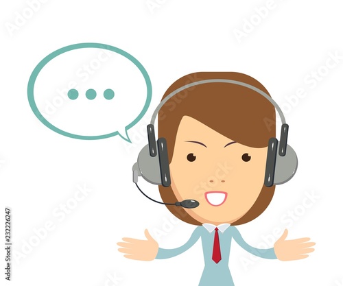 Smiling female operator with headset working at call center. Customer service concept. Stock flat vector illustration.