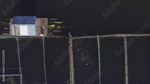 Bamboo hut Temporary structure for local aquaculture provide domestic food needs of small rural farming community in Sampaloc Lake, Laguna. drone, aerial shot photo