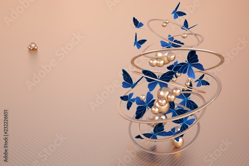 Abstract fantasy of blue butterflies, balls and rings of gold. Free space left. 3D illustration