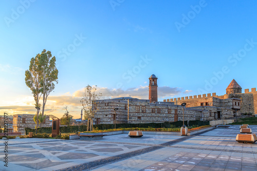 Erzurum castle with tower and public park in Erzurum, Turkey