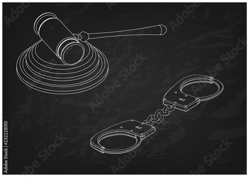 3d model of handcuffs and judge's gavel on a black