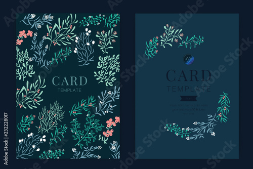 Wedding Invitation, floral invite thank you, rsvp modern card Design in pattern little floral with red berry and leaf greenery  branches decorative Vector elegant rustic template